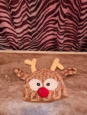 Crocheted Reindeer Beanie - Red Nose Photo Prop